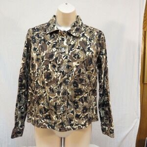 Keren Hart Jacket Floral Print Button Down Brown Tan Black Casual Fall Size M